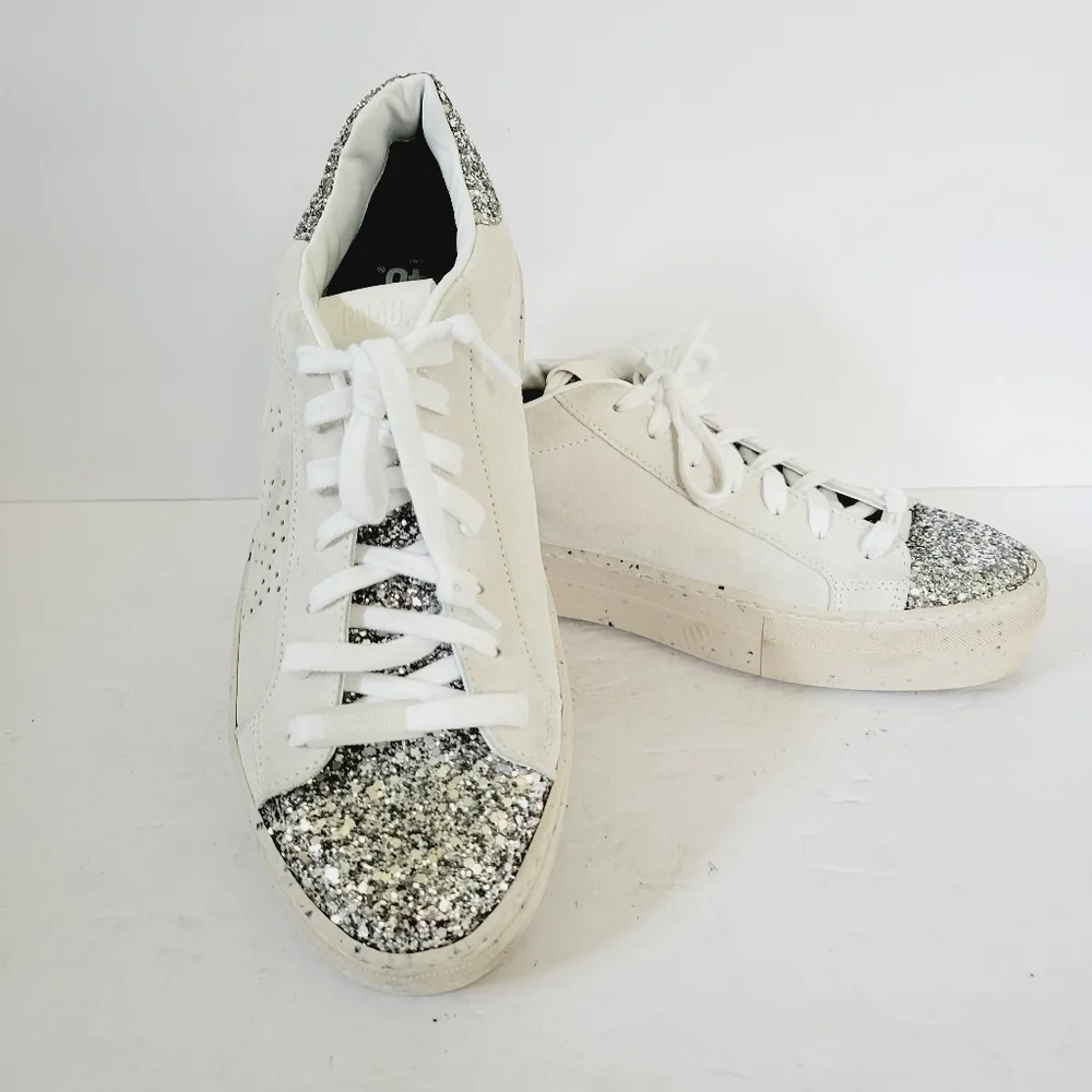 New P448 Thea White Silver Suede Sneakers ,Size 9,5-10 US
